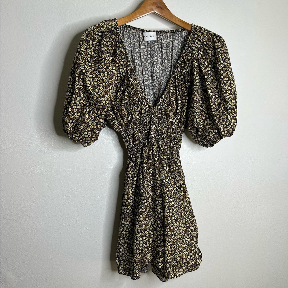 MATTEAU 100% Organic Cotton Neutral Floral Puff Sleeve V - Neck Mini Dress